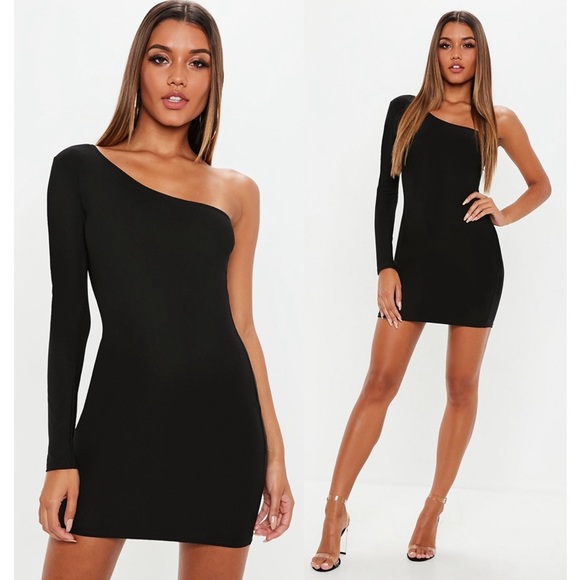 one sleeve black midi dress